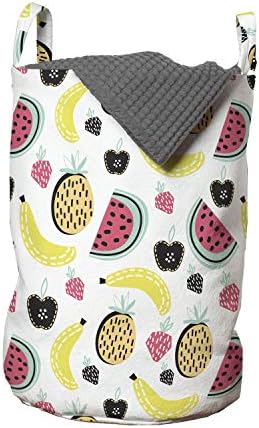 Pungă de rufe cu fructe Ambesonne, Doodle pepene verde banane ananas fructe căpșuni delicioase alimente Creative copilărești, coș de coș cu mânere Închidere cu șnur pentru spălătorii, 13 x 19, Multicolor
