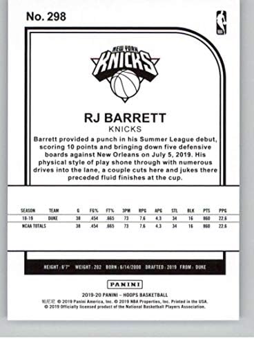 2019-20 Panini Hoops 298 RJ Barrett New York Knicks RC Rookie NBA Basketball Trading Card